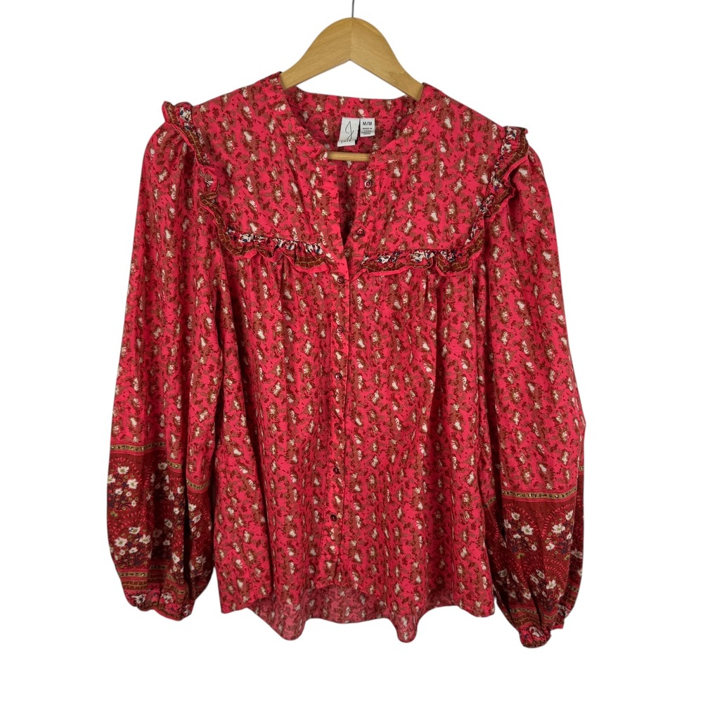 Joie Floral Ruffle Trim Button Down Peasant Top Sz Medium‎ Pink Long Sleeve Boho